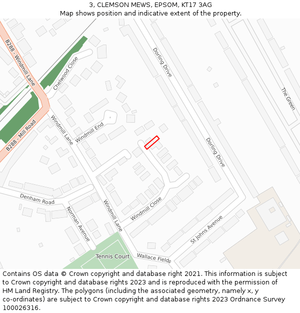 3, CLEMSON MEWS, EPSOM, KT17 3AG: Location map and indicative extent of plot