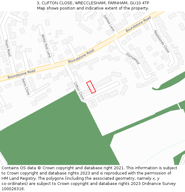 3, CLIFTON CLOSE, WRECCLESHAM, FARNHAM, GU10 4TP: Location map and indicative extent of plot