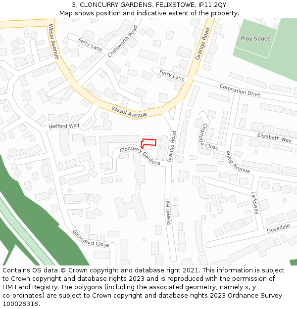 3, CLONCURRY GARDENS, FELIXSTOWE, IP11 2QY: Location map and indicative extent of plot