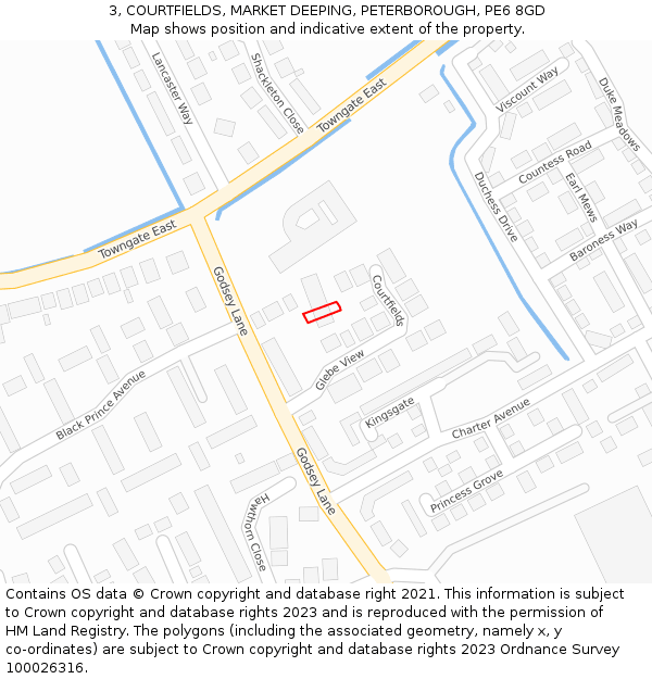 3, COURTFIELDS, MARKET DEEPING, PETERBOROUGH, PE6 8GD: Location map and indicative extent of plot