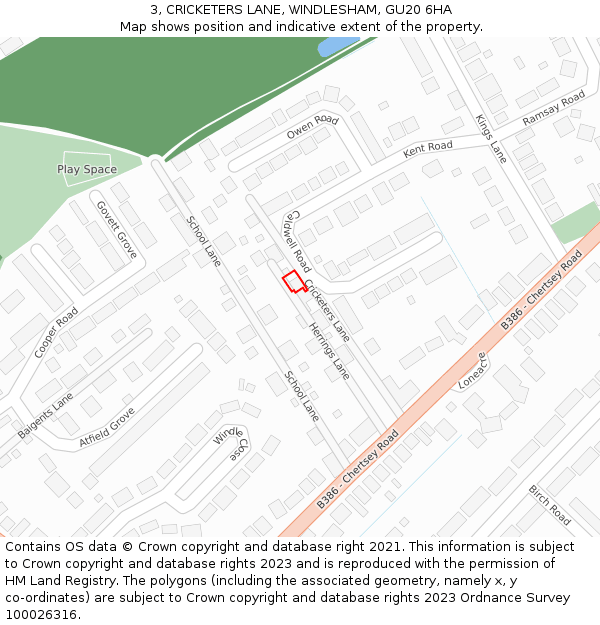 3, CRICKETERS LANE, WINDLESHAM, GU20 6HA: Location map and indicative extent of plot