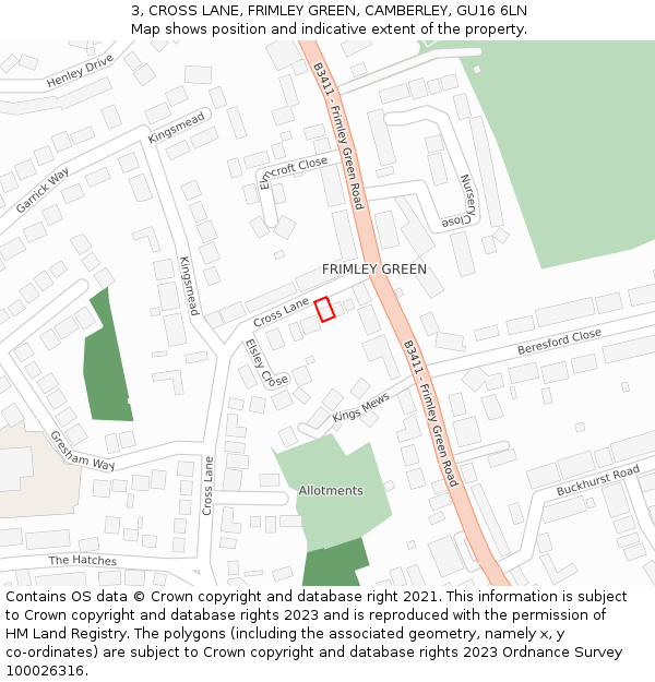 3, CROSS LANE, FRIMLEY GREEN, CAMBERLEY, GU16 6LN: Location map and indicative extent of plot