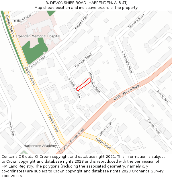 3, DEVONSHIRE ROAD, HARPENDEN, AL5 4TJ: Location map and indicative extent of plot
