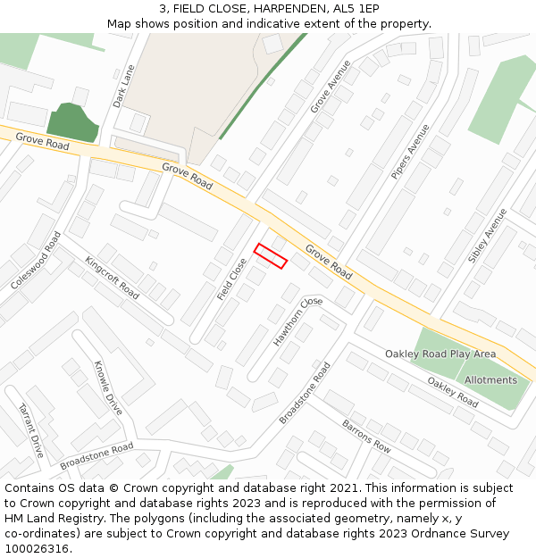 3, FIELD CLOSE, HARPENDEN, AL5 1EP: Location map and indicative extent of plot