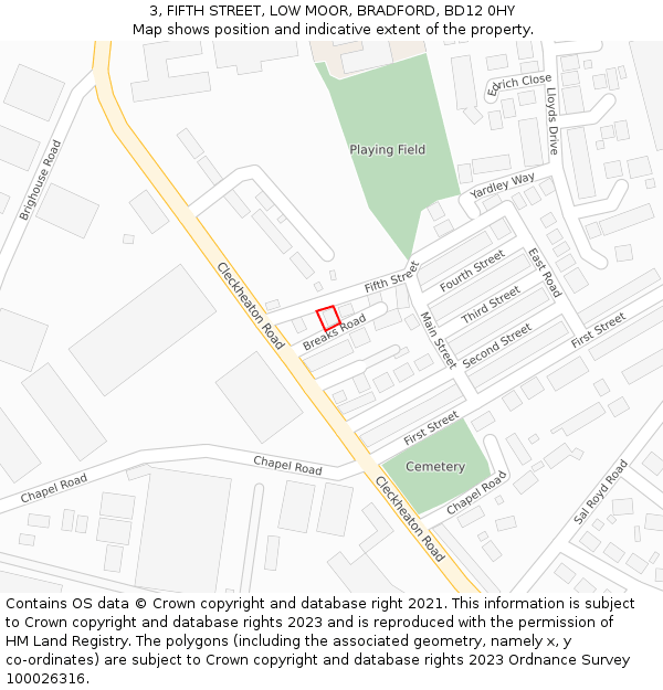 3, FIFTH STREET, LOW MOOR, BRADFORD, BD12 0HY: Location map and indicative extent of plot