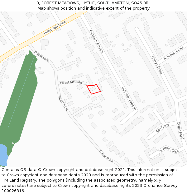 3, FOREST MEADOWS, HYTHE, SOUTHAMPTON, SO45 3RH: Location map and indicative extent of plot