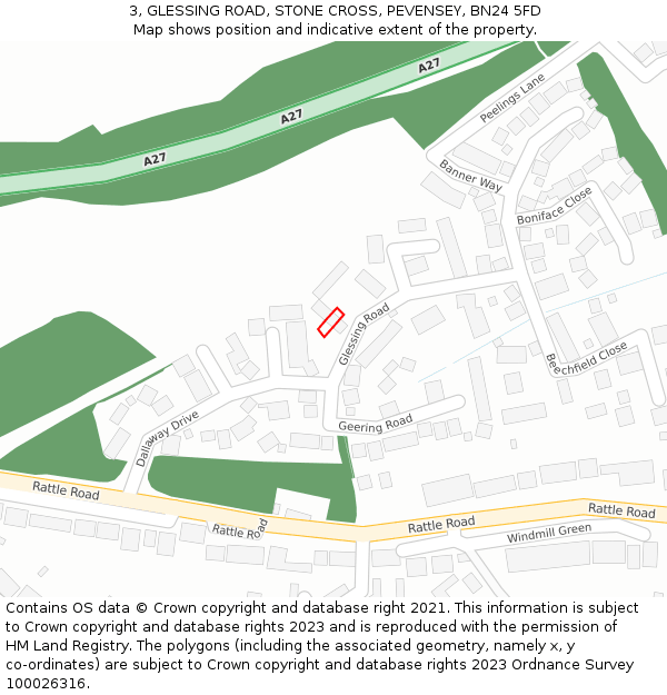 3, GLESSING ROAD, STONE CROSS, PEVENSEY, BN24 5FD: Location map and indicative extent of plot