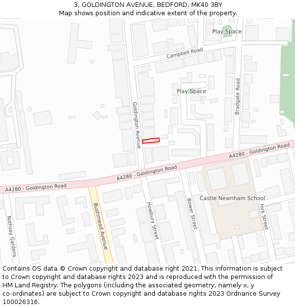 3, GOLDINGTON AVENUE, BEDFORD, MK40 3BY: Location map and indicative extent of plot