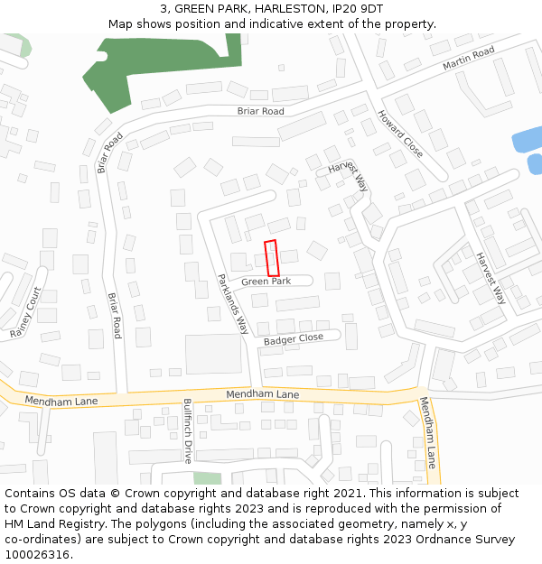 3, GREEN PARK, HARLESTON, IP20 9DT: Location map and indicative extent of plot