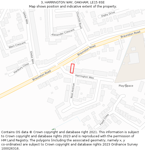 3, HARRINGTON WAY, OAKHAM, LE15 6SE: Location map and indicative extent of plot