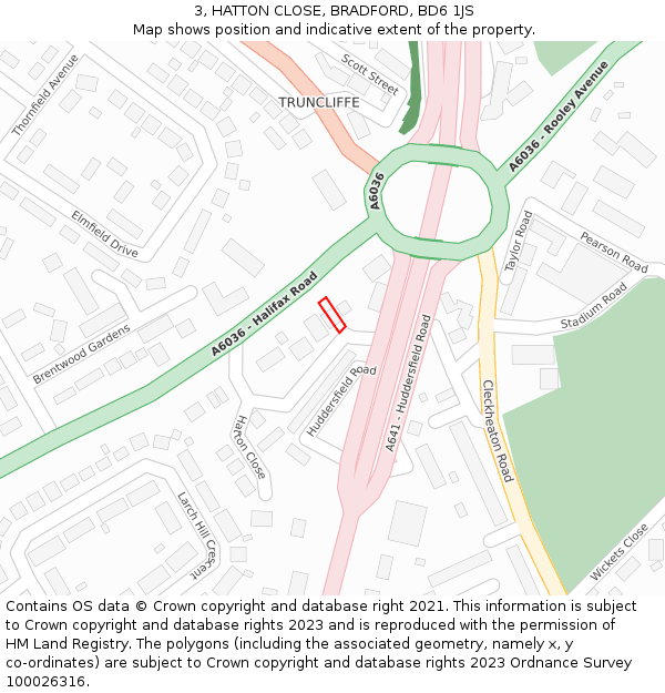 3, HATTON CLOSE, BRADFORD, BD6 1JS: Location map and indicative extent of plot