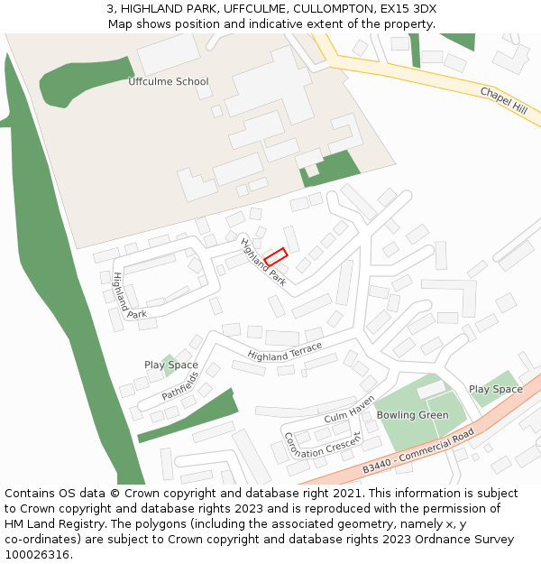 3, HIGHLAND PARK, UFFCULME, CULLOMPTON, EX15 3DX: Location map and indicative extent of plot