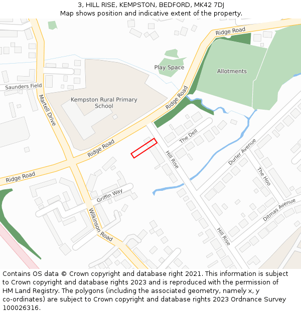 3, HILL RISE, KEMPSTON, BEDFORD, MK42 7DJ: Location map and indicative extent of plot