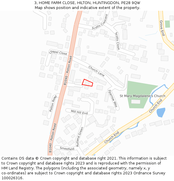 3, HOME FARM CLOSE, HILTON, HUNTINGDON, PE28 9QW: Location map and indicative extent of plot