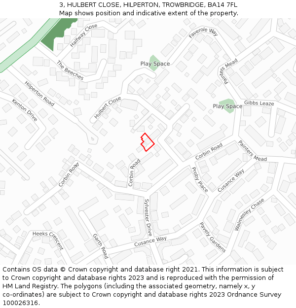 3, HULBERT CLOSE, HILPERTON, TROWBRIDGE, BA14 7FL: Location map and indicative extent of plot