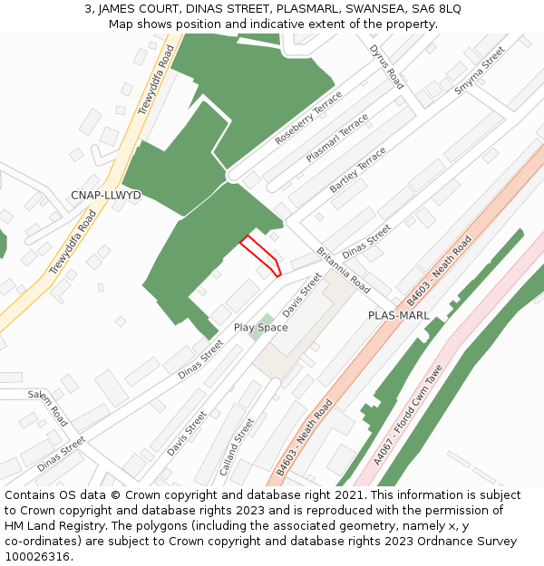 3, JAMES COURT, DINAS STREET, PLASMARL, SWANSEA, SA6 8LQ: Location map and indicative extent of plot