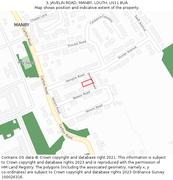 3, JAVELIN ROAD, MANBY, LOUTH, LN11 8UA: Location map and indicative extent of plot