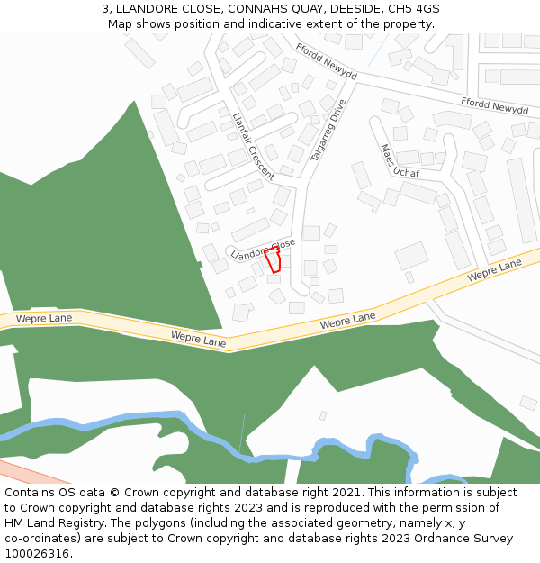 3, LLANDORE CLOSE, CONNAHS QUAY, DEESIDE, CH5 4GS: Location map and indicative extent of plot