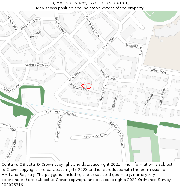 3, MAGNOLIA WAY, CARTERTON, OX18 1JJ: Location map and indicative extent of plot