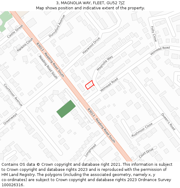 3, MAGNOLIA WAY, FLEET, GU52 7JZ: Location map and indicative extent of plot