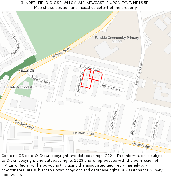 3, NORTHFIELD CLOSE, WHICKHAM, NEWCASTLE UPON TYNE, NE16 5BL: Location map and indicative extent of plot