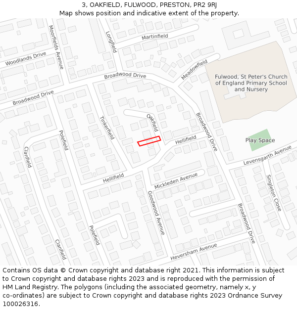 3, OAKFIELD, FULWOOD, PRESTON, PR2 9RJ: Location map and indicative extent of plot