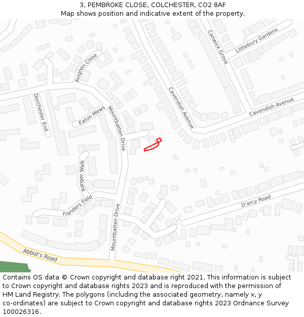 3, PEMBROKE CLOSE, COLCHESTER, CO2 8AF: Location map and indicative extent of plot