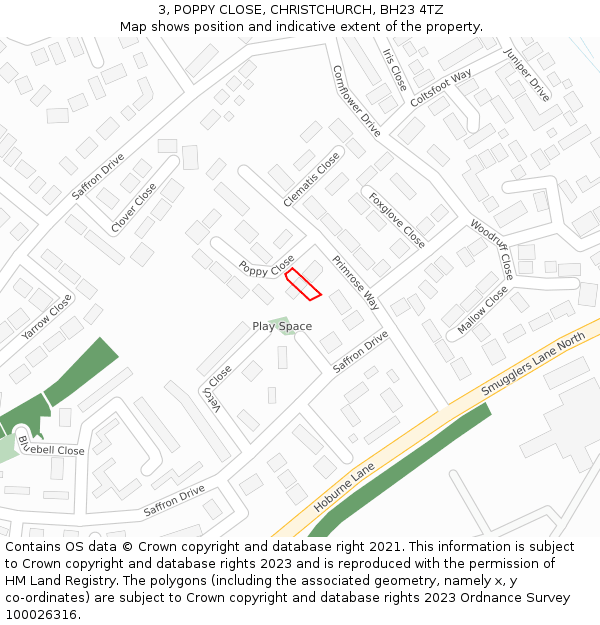 3, POPPY CLOSE, CHRISTCHURCH, BH23 4TZ: Location map and indicative extent of plot