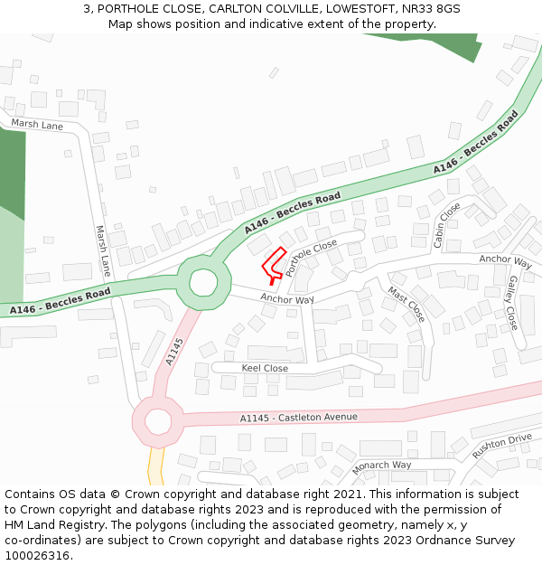 3, PORTHOLE CLOSE, CARLTON COLVILLE, LOWESTOFT, NR33 8GS: Location map and indicative extent of plot