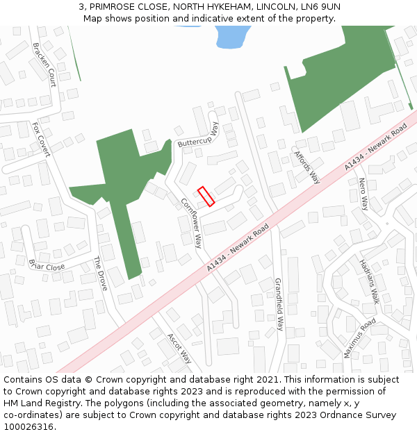 3, PRIMROSE CLOSE, NORTH HYKEHAM, LINCOLN, LN6 9UN: Location map and indicative extent of plot