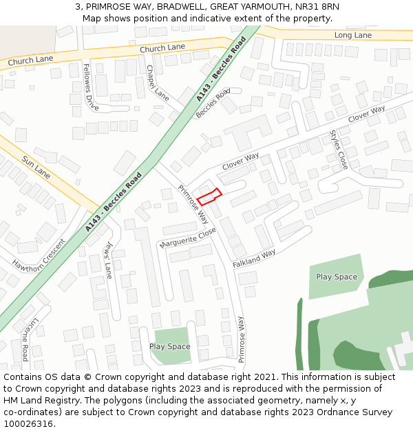 3, PRIMROSE WAY, BRADWELL, GREAT YARMOUTH, NR31 8RN: Location map and indicative extent of plot