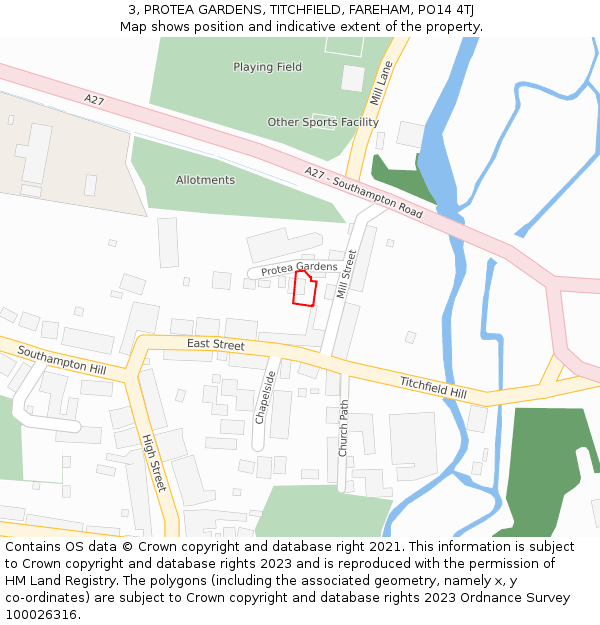 3, PROTEA GARDENS, TITCHFIELD, FAREHAM, PO14 4TJ: Location map and indicative extent of plot