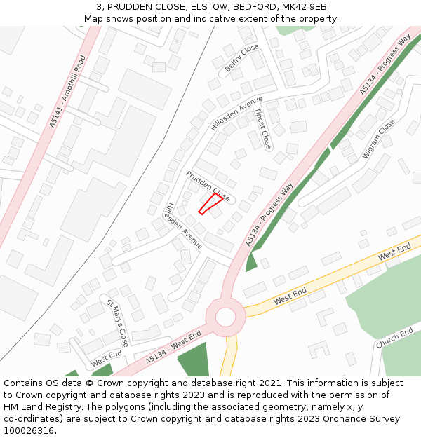 3, PRUDDEN CLOSE, ELSTOW, BEDFORD, MK42 9EB: Location map and indicative extent of plot