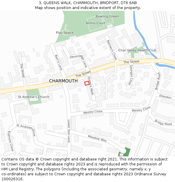 3, QUEENS WALK, CHARMOUTH, BRIDPORT, DT6 6AB: Location map and indicative extent of plot