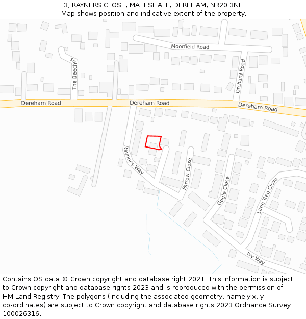 3, RAYNERS CLOSE, MATTISHALL, DEREHAM, NR20 3NH: Location map and indicative extent of plot