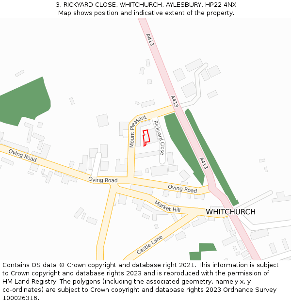 3, RICKYARD CLOSE, WHITCHURCH, AYLESBURY, HP22 4NX: Location map and indicative extent of plot