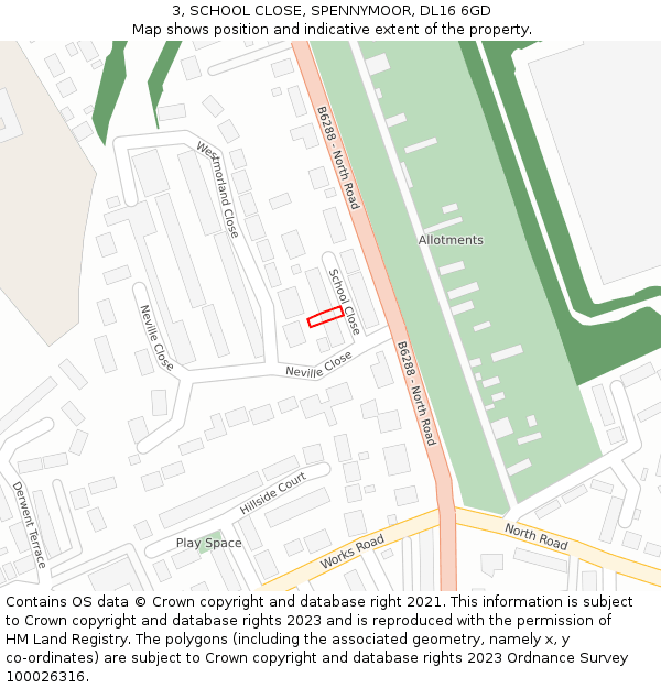 3, SCHOOL CLOSE, SPENNYMOOR, DL16 6GD: Location map and indicative extent of plot