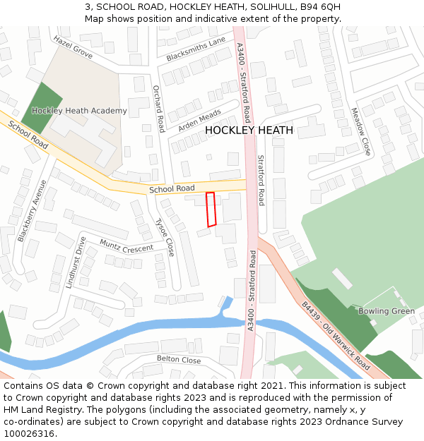 3, SCHOOL ROAD, HOCKLEY HEATH, SOLIHULL, B94 6QH: Location map and indicative extent of plot