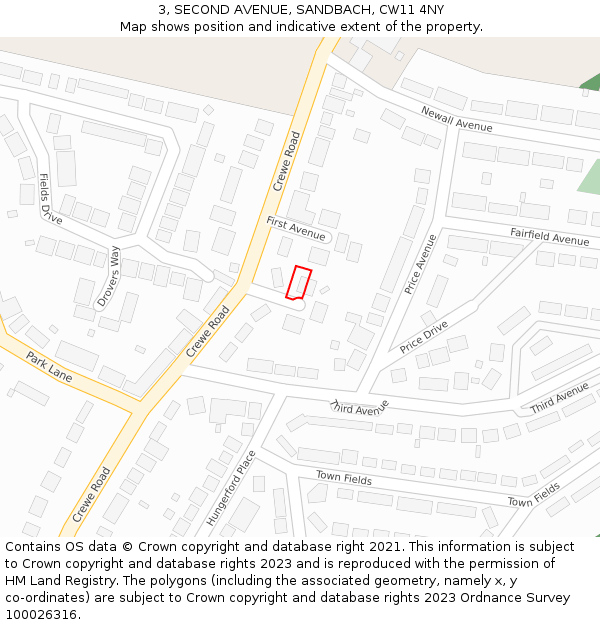 3, SECOND AVENUE, SANDBACH, CW11 4NY: Location map and indicative extent of plot