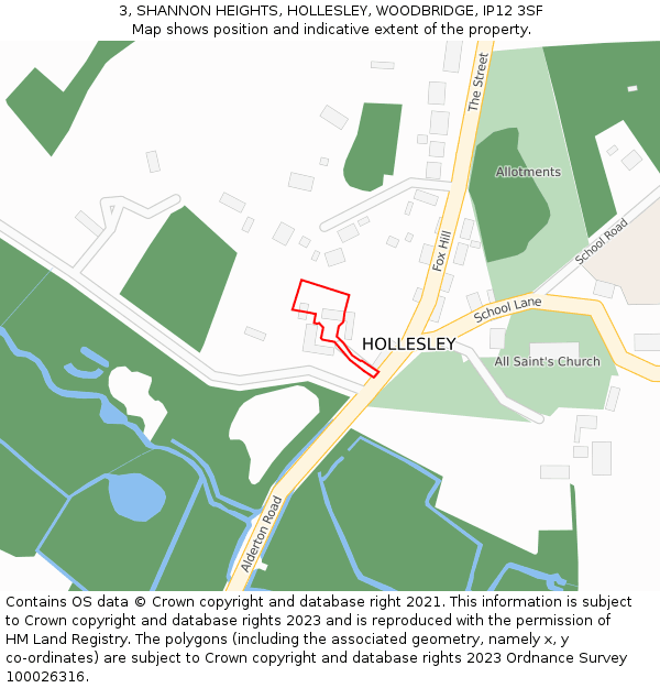 3, SHANNON HEIGHTS, HOLLESLEY, WOODBRIDGE, IP12 3SF: Location map and indicative extent of plot