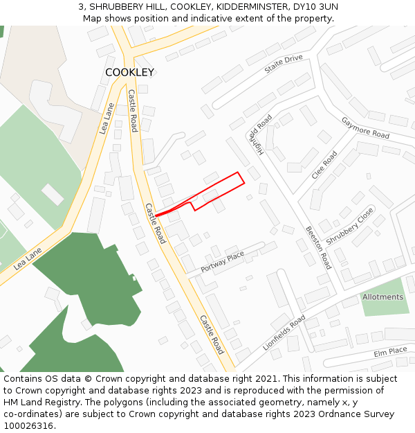 3, SHRUBBERY HILL, COOKLEY, KIDDERMINSTER, DY10 3UN: Location map and indicative extent of plot