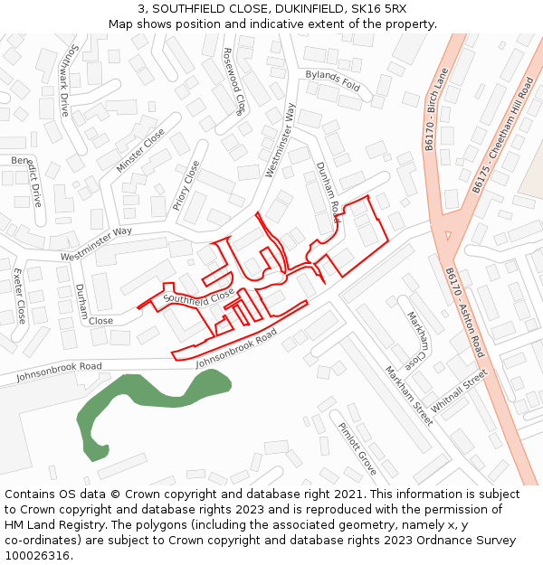 3, SOUTHFIELD CLOSE, DUKINFIELD, SK16 5RX: Location map and indicative extent of plot