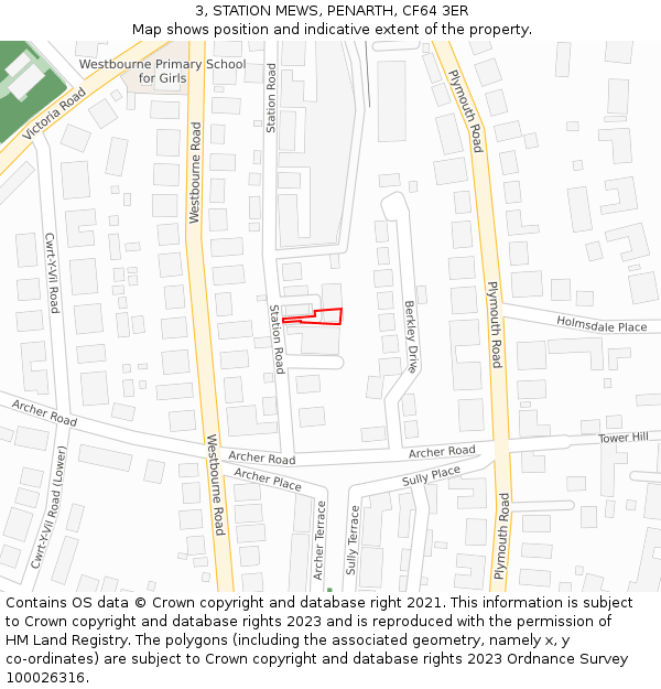 3, STATION MEWS, PENARTH, CF64 3ER: Location map and indicative extent of plot