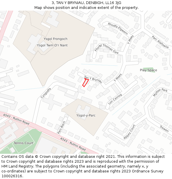 3, TAN Y BRYNIAU, DENBIGH, LL16 3JG: Location map and indicative extent of plot