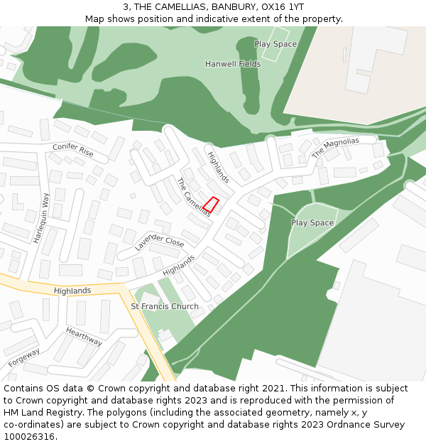 3, THE CAMELLIAS, BANBURY, OX16 1YT: Location map and indicative extent of plot