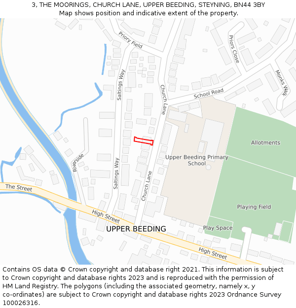 3, THE MOORINGS, CHURCH LANE, UPPER BEEDING, STEYNING, BN44 3BY: Location map and indicative extent of plot