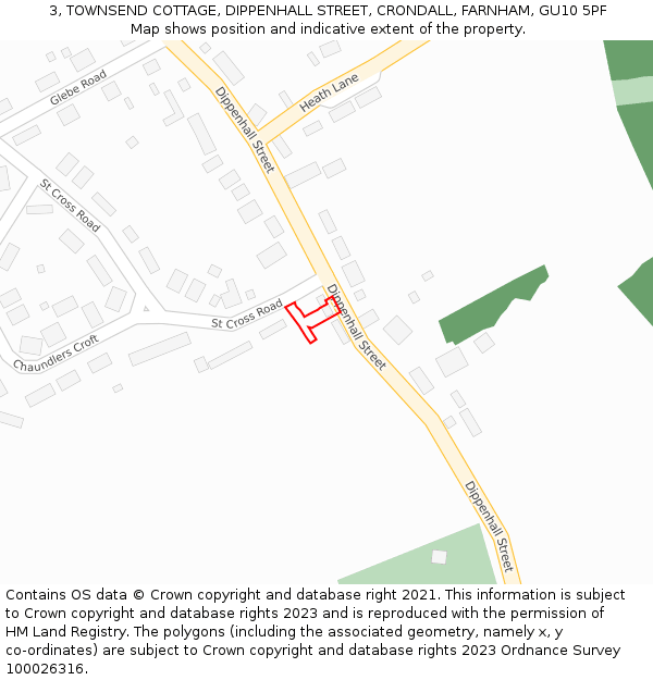 3, TOWNSEND COTTAGE, DIPPENHALL STREET, CRONDALL, FARNHAM, GU10 5PF: Location map and indicative extent of plot