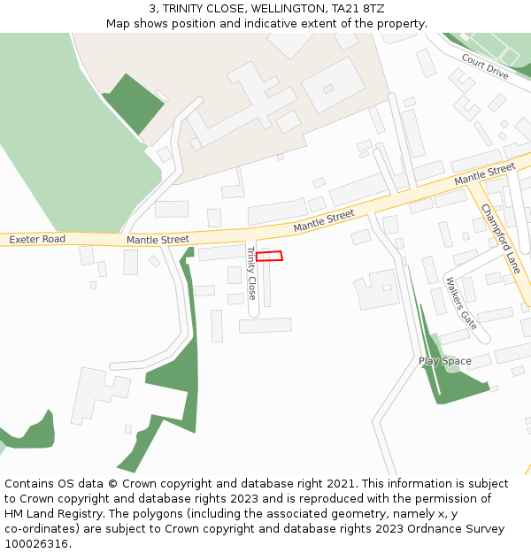 3, TRINITY CLOSE, WELLINGTON, TA21 8TZ: Location map and indicative extent of plot