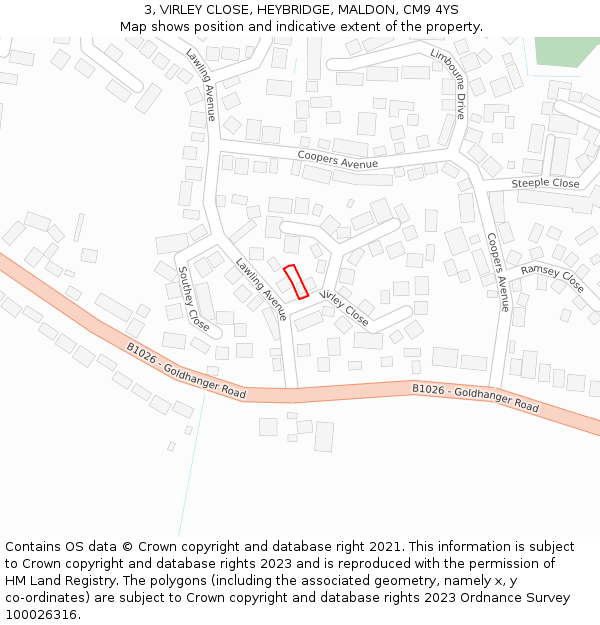 3, VIRLEY CLOSE, HEYBRIDGE, MALDON, CM9 4YS: Location map and indicative extent of plot