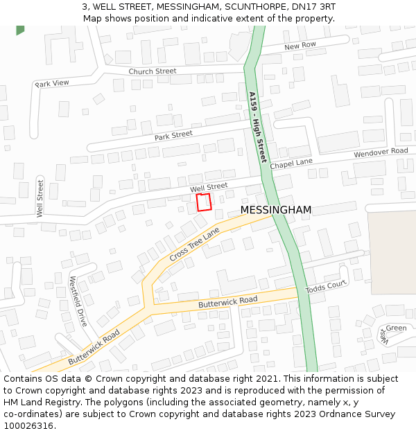 3, WELL STREET, MESSINGHAM, SCUNTHORPE, DN17 3RT: Location map and indicative extent of plot